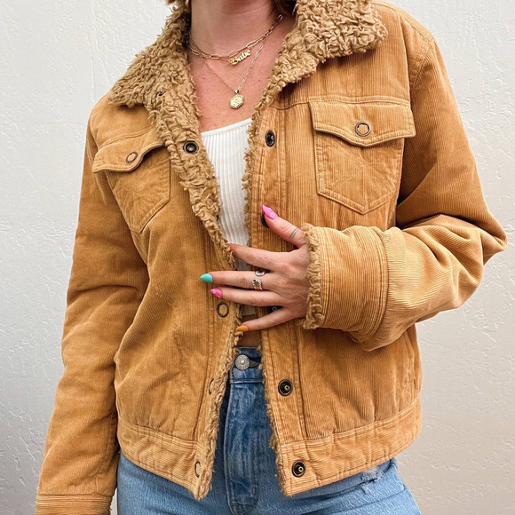 Vintage Y2K Tan Corduroy Fur Trim Button Up Jacket - Picture 2 of 6